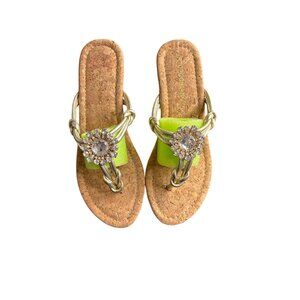 Arturio Chiang Women's Gold Leather Bling Thong Sandal with Cork Wedge 7 NWOB